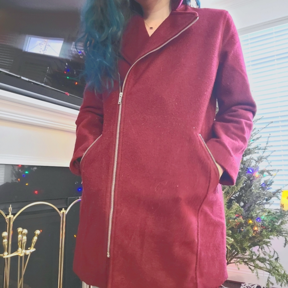 Burgundy full zip wool Jacket pea coat with faux collar